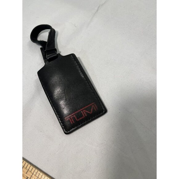TUMI  Black Leather Luggage Tag Snap Button and Buckle Red Lettering - Picture 2 of 5